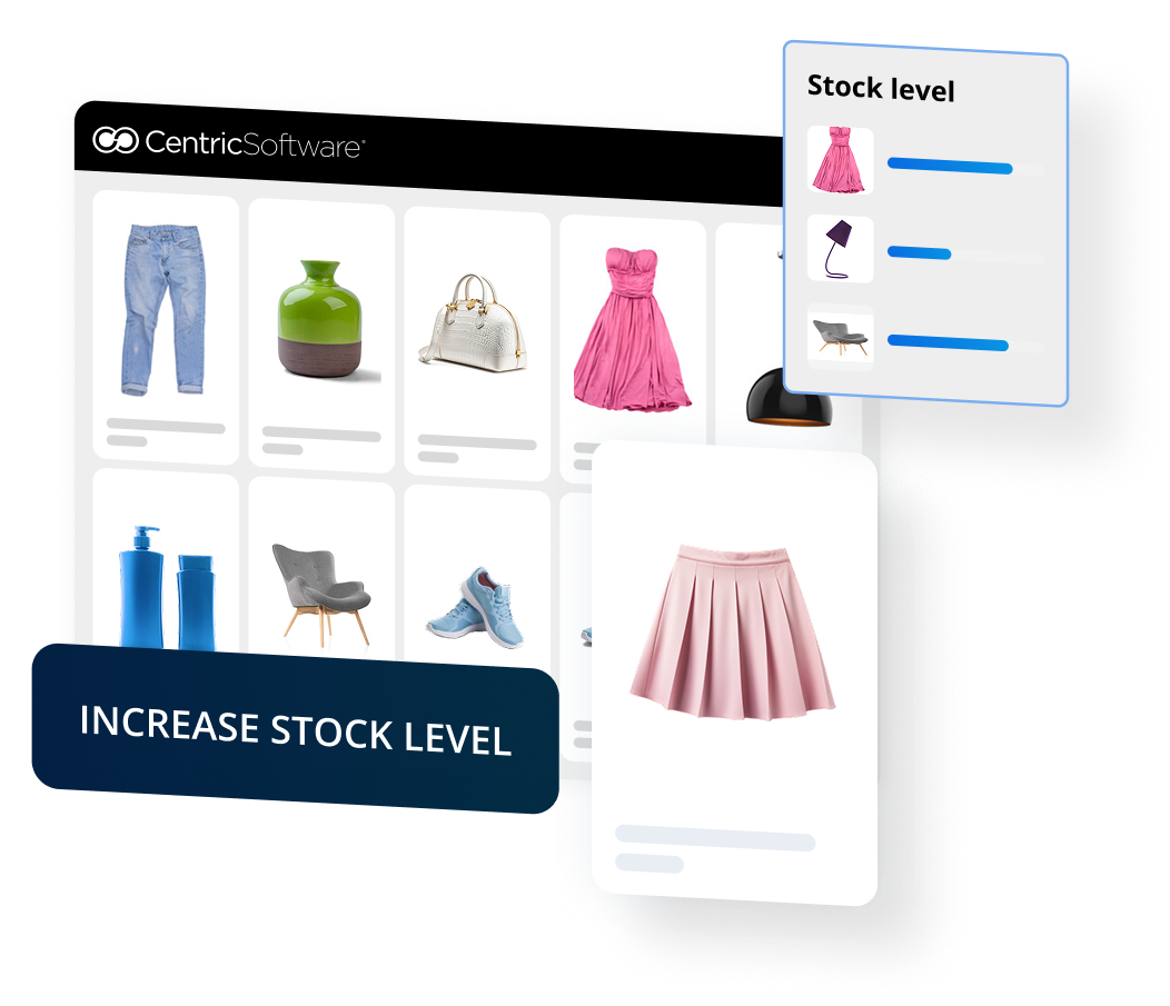 A digital visual whiteboard interface displays various products—jeans, a vase, a handbag, a pink dress, and shoes—with pop-up windows showing stock level indicators and a label that reads