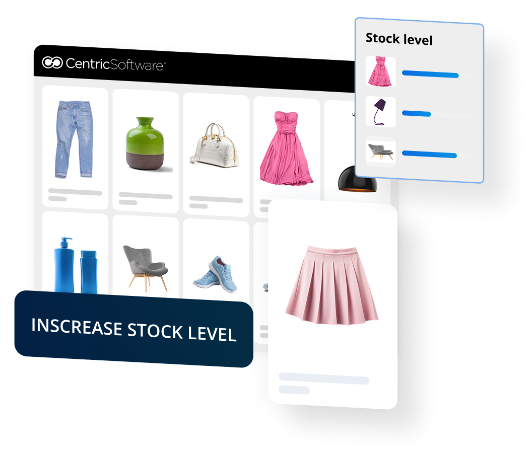 Une interface de tableau blanc visuel numérique affiche des produits tels que des jeans, un vase et des vêtements, avec des fenêtres contextuelles affichant des indicateurs de niveau de stock et un bouton intitulé « AUGMENTER LE NIVEAU DE STOCK ».