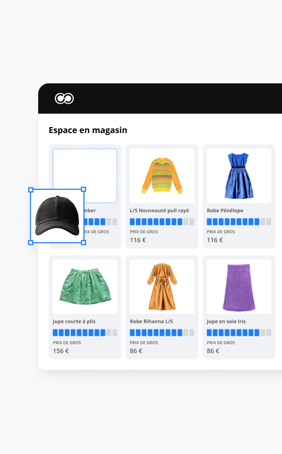 Une interface de boutique en ligne en français présente des vêtements avec des images, des noms et des prix. Une image de casquette de baseball noire est sélectionnée et mise en valeur par un cadre bleu, illustrant un réapprovisionnement efficace des stocks. D'autres articles incluent des robes et des jupes de différentes couleurs.