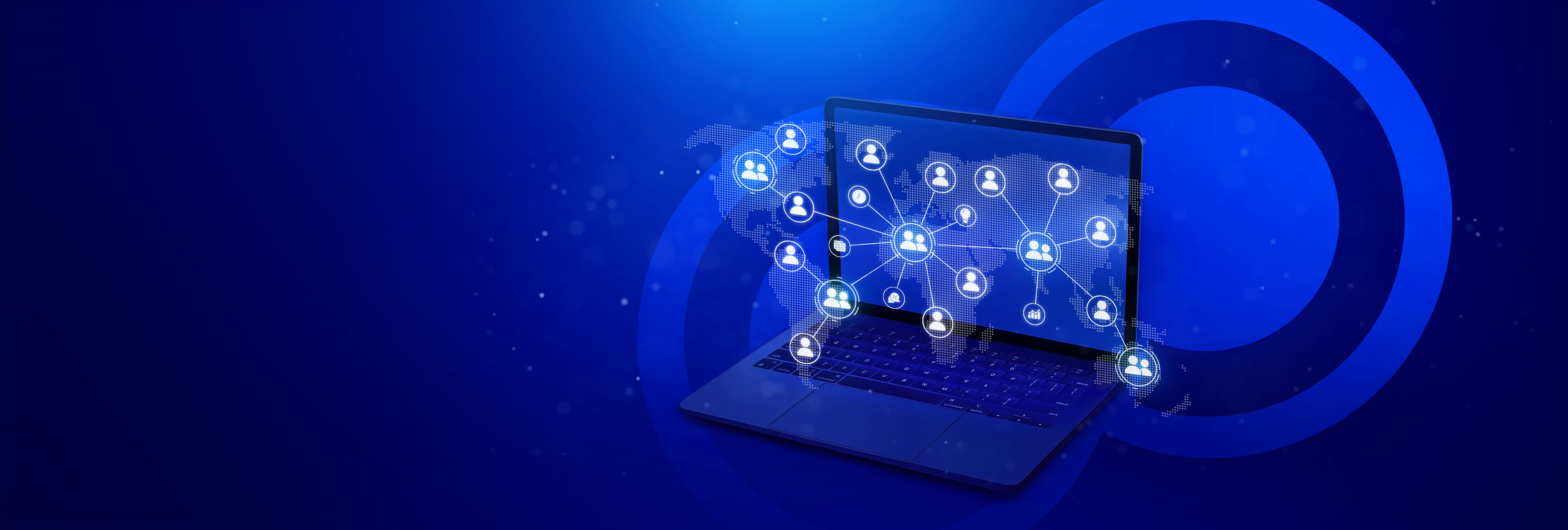 A laptop on a blue background displays a world map with interconnected user icons, symbolizing global digital networking and online communication—perfect for exploring PXM Insights or joining Centric Webinars 2025.