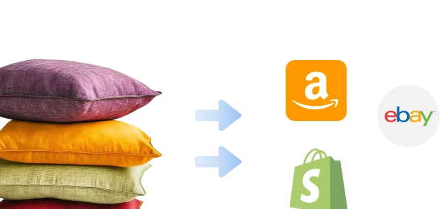 A stack of colorful pillows with blue arrows pointing to the Amazon, eBay, and Shopify logos, highlighting how Digital Shelf Analytics can boost pillow sales on these leading online platforms.