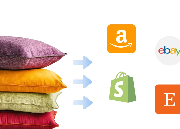 Four stacked colorful pillows with blue arrows pointing to logos of Amazon, eBay, Shopify, and Etsy, symbolizing selling products on multiple platforms and the power of Digital Shelf Analytics.