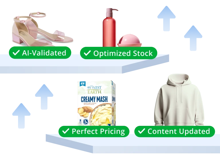 Two shelves display items: pink sandals with "AI-Validated," a red bottle with "Optimized Stock," a mashed potato box with "Perfect Pricing," and a beige hoodie with "Content Updated," all powered by Digital Shelf Analytics. Blue arrows point upward.